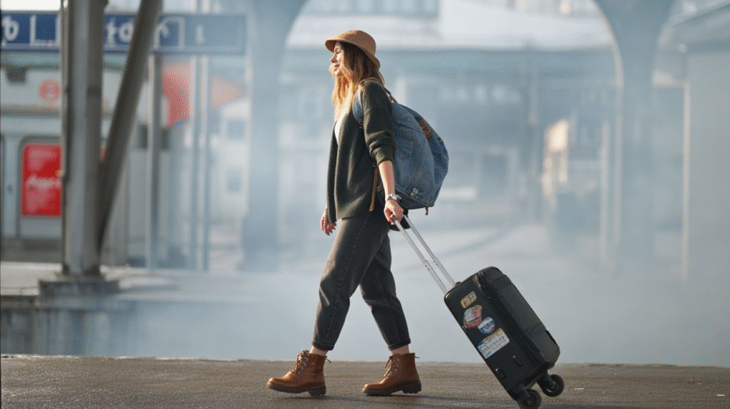 solo woman rolling her suitcase down a small train platform, backpack on, soft morning fog and travel signage in the background, dressed in casual layers
