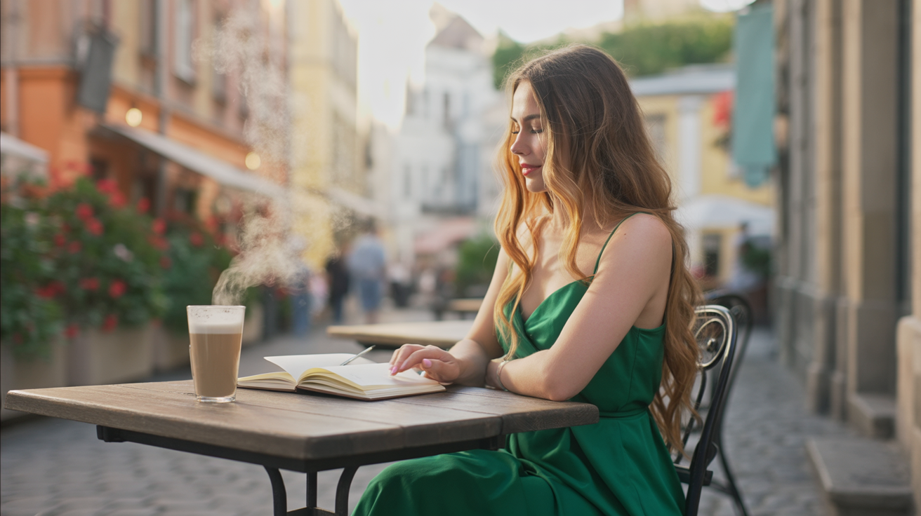 woman sitting alone at an outdoor café in a European street, journal open, a warm latte in hand, subtle look of reflection, golden hour light and blurred motion of passersby