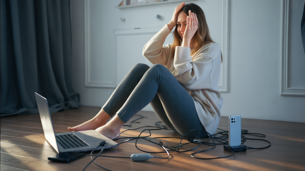 female digital nomad sitting cross-legged on a floor with tangled cords, open laptop, smartphone hotspot beside her, visibly frustrated but also laughing, moody afternoon light casting shadows on her workspace