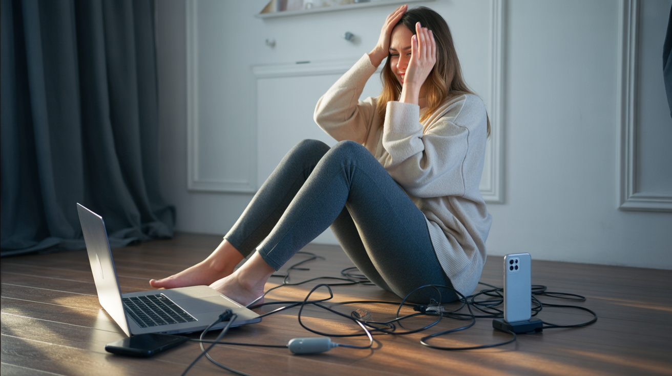 female digital nomad sitting cross-legged on a floor with tangled cords, open laptop, smartphone hotspot beside her, visibly frustrated but also laughing, moody afternoon light casting shadows on her workspace
