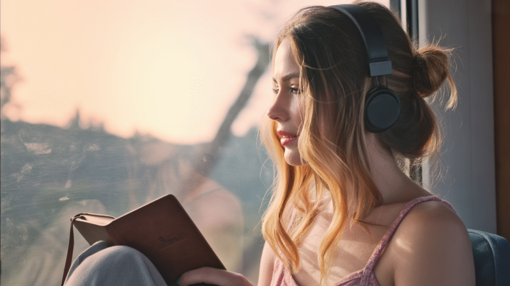 moody sunrise through a train window, soft blur of a solo woman in reflection wearing headphones and looking out, journal open in lap, vintage tones, evokes solitude and curiosity