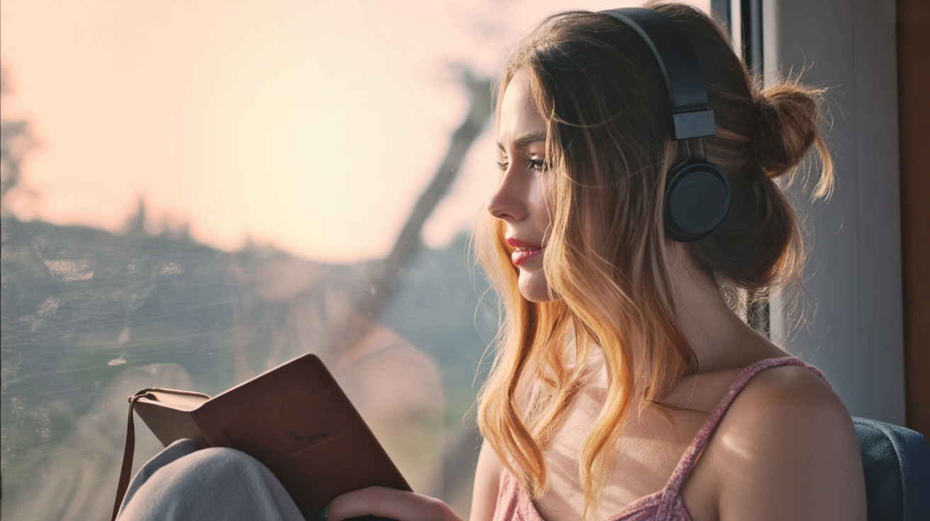 moody sunrise through a train window, soft blur of a solo woman in reflection wearing headphones and looking out, journal open in lap, vintage tones, evokes solitude and curiosity