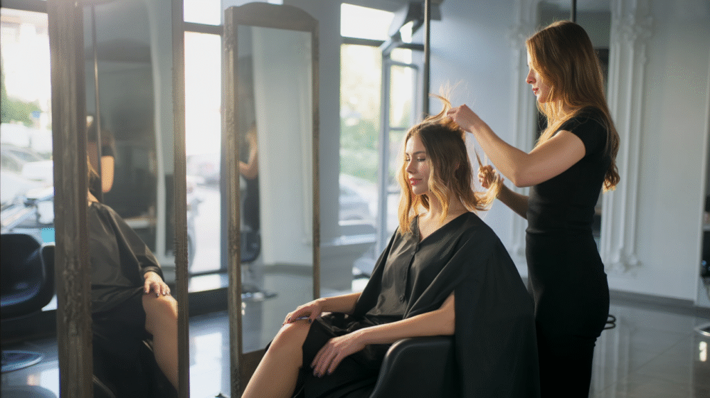 A young woman sits in a modern hair salon chair, a black cape draped over her shoulders. A hairstylist stands beside her, carefully cutting her hair with scissors. Strands of freshly cut hair fall softly to the floor. The salon is bright and minimal, with natural light streaming in, mirrors reflecting the calm atmosphere. The woman’s posture is relaxed, her face peaceful, enjoying the quiet moment of transformation.