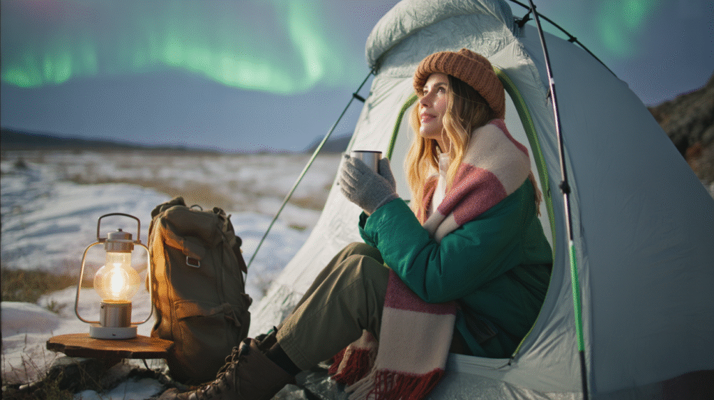 On the rocky slopes near an active volcano, a young woman stands close to the steaming earth, wisps of smoke rising from cracks in the dark volcanic rock. She wears sturdy hiking boots, trekking pants, and a light windbreaker, with a bandana tied around her hair to shield against the sulfurous air. Her backpack rests against a boulder nearby, and she holds a trekking pole for balance on the uneven ground. The orange glow of the volcano’s crater flickers faintly in the distance, casting an eerie light across the smoky landscape. The mood is raw, intense, and humbling — the power and danger of nature in full force.