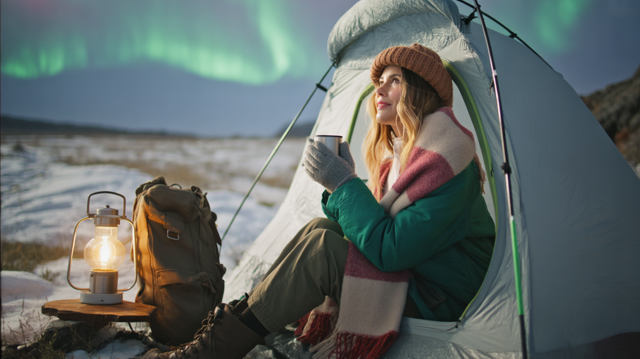 On the rocky slopes near an active volcano, a young woman stands close to the steaming earth, wisps of smoke rising from cracks in the dark volcanic rock. She wears sturdy hiking boots, trekking pants, and a light windbreaker, with a bandana tied around her hair to shield against the sulfurous air. Her backpack rests against a boulder nearby, and she holds a trekking pole for balance on the uneven ground. The orange glow of the volcano’s crater flickers faintly in the distance, casting an eerie light across the smoky landscape. The mood is raw, intense, and humbling — the power and danger of nature in full force.