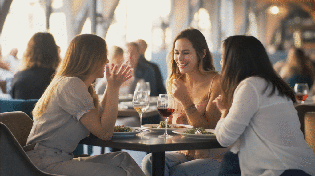 A cozy restaurant with soft golden lighting and wooden tables. Three women sit together at a corner table, leaning in as they talk animatedly. The main woman wears a casual yet stylish outfit — a light blouse and jeans — her hair loose around her shoulders. The two other women laugh and gesture with their hands, a half-finished meal and glasses of wine on the table between them. Around them, the restaurant hums softly with other diners, blurred in the background. The mood is intimate, social, and joyful — a moment of connection and conversation.