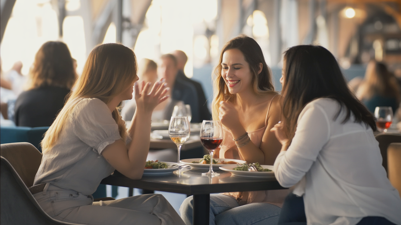 A cozy restaurant with soft golden lighting and wooden tables. Three women sit together at a corner table, leaning in as they talk animatedly. The main woman wears a casual yet stylish outfit — a light blouse and jeans — her hair loose around her shoulders. The two other women laugh and gesture with their hands, a half-finished meal and glasses of wine on the table between them. Around them, the restaurant hums softly with other diners, blurred in the background. The mood is intimate, social, and joyful — a moment of connection and conversation.