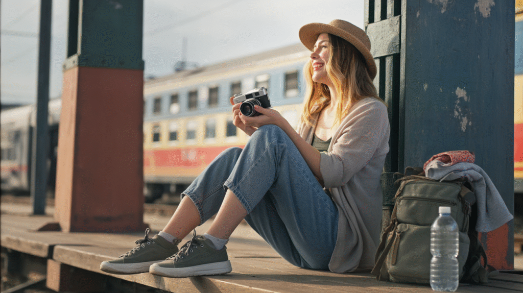 A young female traveler in simple, slightly worn clothing — faded jeans, loose neutral-toned top, and scuffed sneakers — sits cross-legged on the ground near an old train station platform. She’s smiling while holding a vintage Polaroid camera, taking photos of her journey. Beside her: a small, rugged backpack with a reusable water bottle and a few rolled-up clothes visible. The atmosphere is humble and raw, with muted tones, peeling paint on the station walls, and cloudy skies above. Despite the modest setting, the scene radiates freedom, creativity, and joy — proving that digital nomad life doesn’t require wealth, degrees, or luxury gear.