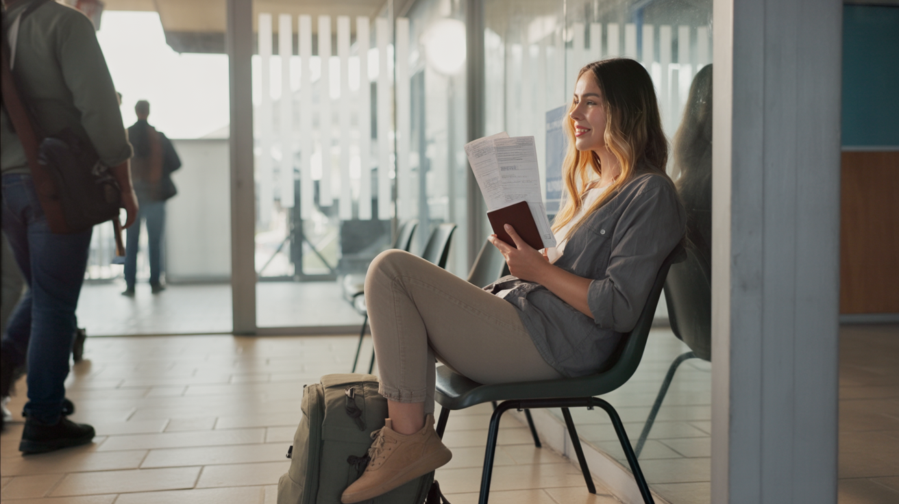 A young female traveler sits quietly on a hard plastic chair in a sparse immigration border waiting area. She wears casual, slightly worn travel clothes and keeps her small backpack at her feet. In her hands, she holds her passport and a folded set of travel papers, her expression calm but thoughtful. Around her: muted fluorescent lighting, tiled floors, and a row of other empty chairs. A glass window in the background shows faint silhouettes of guards and a barrier gate leading outside. The atmosphere feels tense yet hopeful, capturing the uncertainty, patience, and resilience of crossing borders as a nomad.