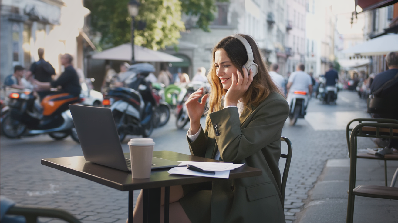 A bustling street-side café abroad, filled with chatter, clinking cups, and blurred movement of waiters passing by. In the middle of the noise, a young woman sits at a small outdoor table with her laptop open, headphones on, clearly on a video call. Her posture is slightly tense, her expression embarrassed as she tries to focus while the background is chaotic — scooters passing, people walking close behind, and coffee cups rattling. A half-finished latte and scattered notes clutter the table. The atmosphere is noisy, distracting, and raw — showing the mistake of not creating the right professional setup while working on the road.