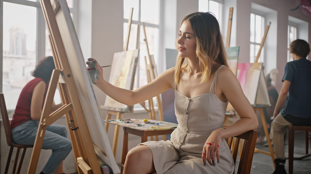 A bright communal art studio in a bohemian neighborhood abroad, sunlight streaming through tall windows. A young woman sits at an easel, brush in hand, painting bold strokes on a canvas. She wears a simple linen dress, her hair tied loosely, with small smudges of paint on her fingers. Around her, other travelers and locals work quietly on their own art, the tables scattered with palettes, jars of brushes, and vibrant paints. The mood is creative, grounding, and soulful — a reminder that purpose can be found in moments of expression and connection while living nomadically.