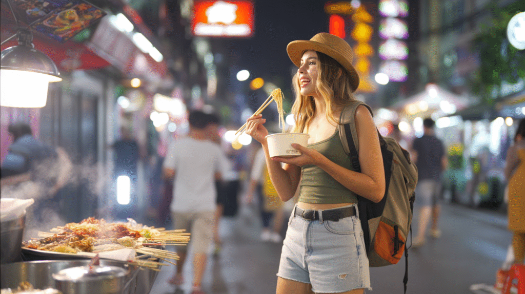 At a bustling night market in Southeast Asia, a young woman stands with a steaming paper bowl of noodles in one hand and chopsticks in the other, her large backpack slung over one shoulder. Neon lights glow overhead, casting colorful reflections on the wet pavement, while vendors grill skewers and call out to customers. Around her, crowds of locals and travelers squeeze past the narrow stalls, the air filled with smoke, chatter, and sizzling sounds. Her clothes are casual — shorts and a tank top — her face showing both hunger and curiosity as she takes her first bite. The mood is vibrant, chaotic, and alive — the raw energy of backpacker street food culture.