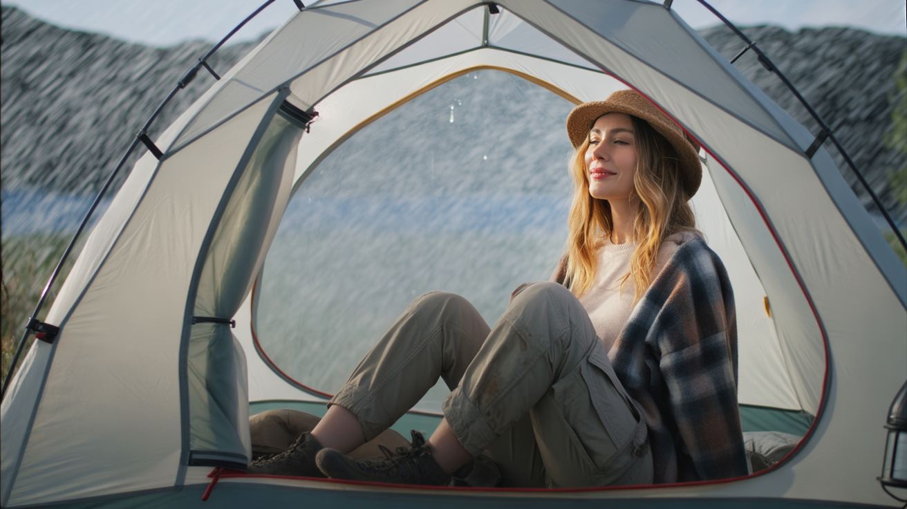 Inside a small camping tent, a young woman sits cross-legged inside the tent. Outside the tent flap, rain pours down, droplets sliding across the fabric. Her expression is thoughtful — a mix of tiredness as she balances comfort and challenge. The atmosphere feels raw and real: cozy inside, stormy outside, embodying the beauty and struggle of nomadic life.