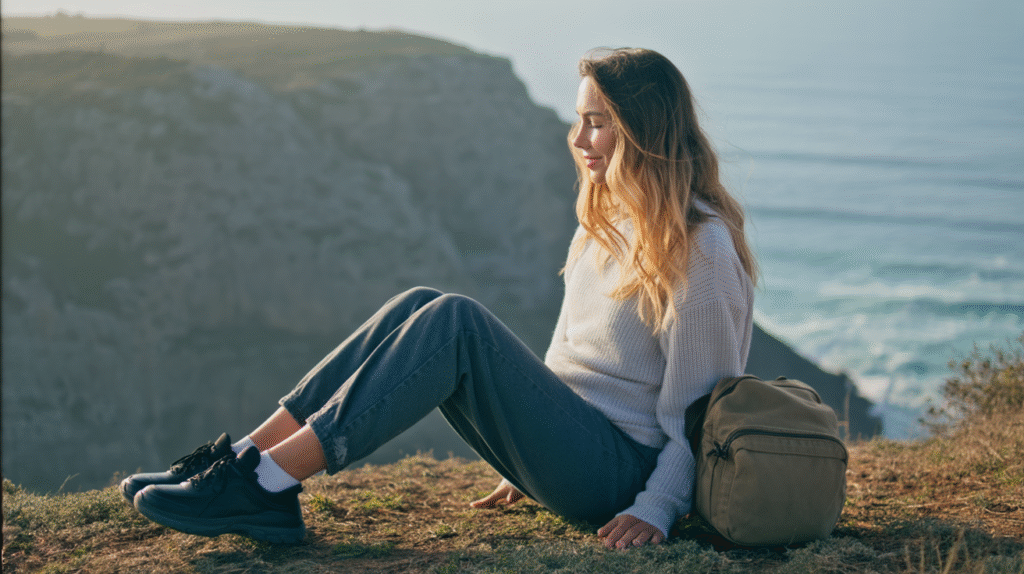 A rugged cliff overlooking a vast ocean, bathed in the golden and pink hues of sunset. A young woman sits near the edge, legs dangling freely over the rocks, her silhouette outlined by the fading light. She wears casual travel clothes — a light sweater and jeans — with a small backpack resting beside her. Her hair moves gently in the breeze as she gazes out toward the endless horizon. The moment feels still, peaceful, and deeply grounding — a visual reminder that she is exactly where she’s meant to be.