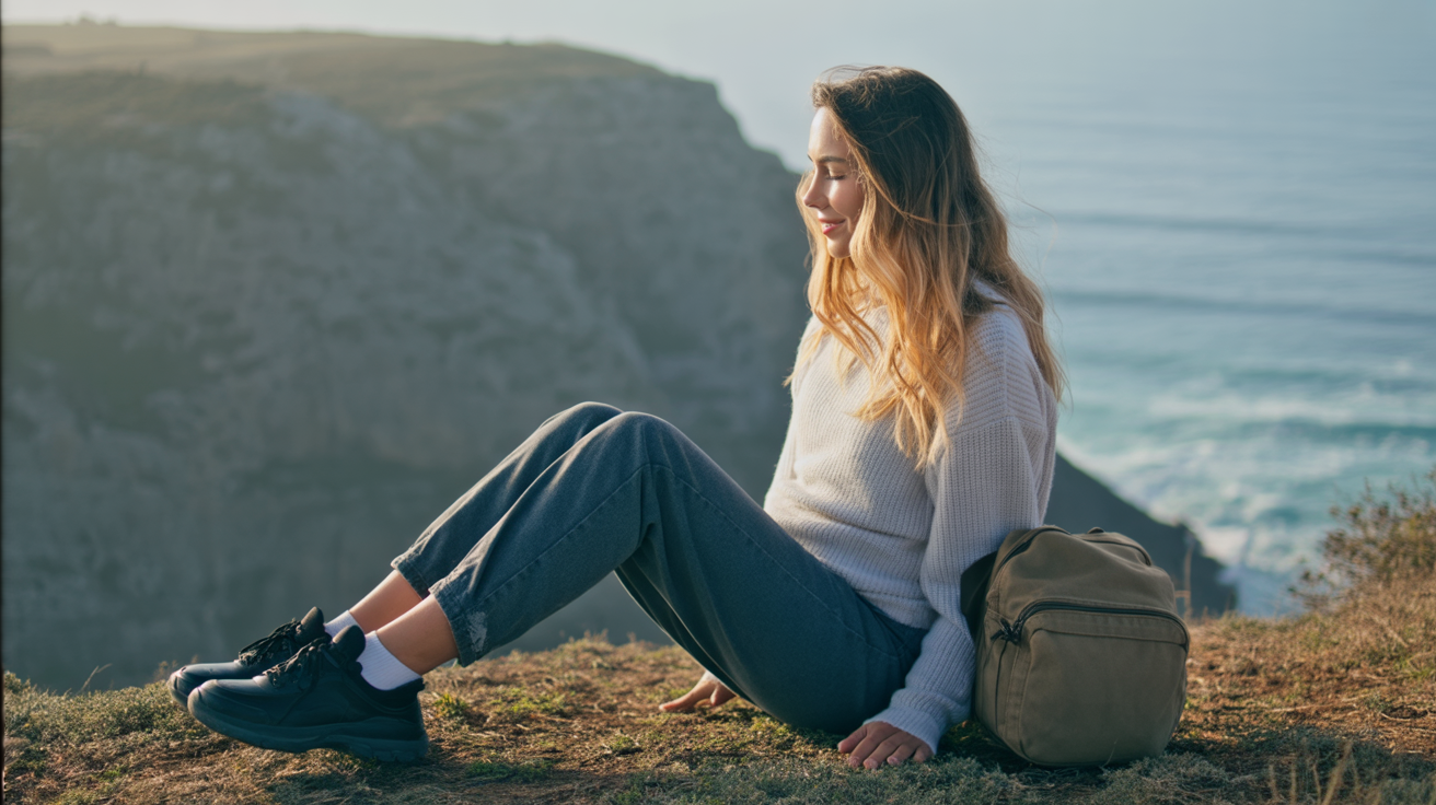 A rugged cliff overlooking a vast ocean, bathed in the golden and pink hues of sunset. A young woman sits near the edge, legs dangling freely over the rocks, her silhouette outlined by the fading light. She wears casual travel clothes — a light sweater and jeans — with a small backpack resting beside her. Her hair moves gently in the breeze as she gazes out toward the endless horizon. The moment feels still, peaceful, and deeply grounding — a visual reminder that she is exactly where she’s meant to be.