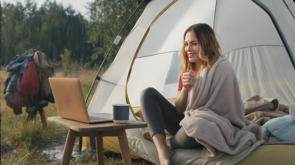 Inside a messy glamping tent on a rainy morning, a young woman sits cross-legged on a rumpled bed, wrapped in a blanket, looking frustrated. The floor near the tent entrance is muddy, with wet shoes and a half-packed backpack pushed to the side. A small wooden table holds a cold cup of coffee and a laptop showing a weak WiFi signal. Outside the open flap, rain drips steadily, puddles forming in the grass. The atmosphere is damp, chaotic, and uncomfortable — the hidden side of glamping life that Instagram never shows.