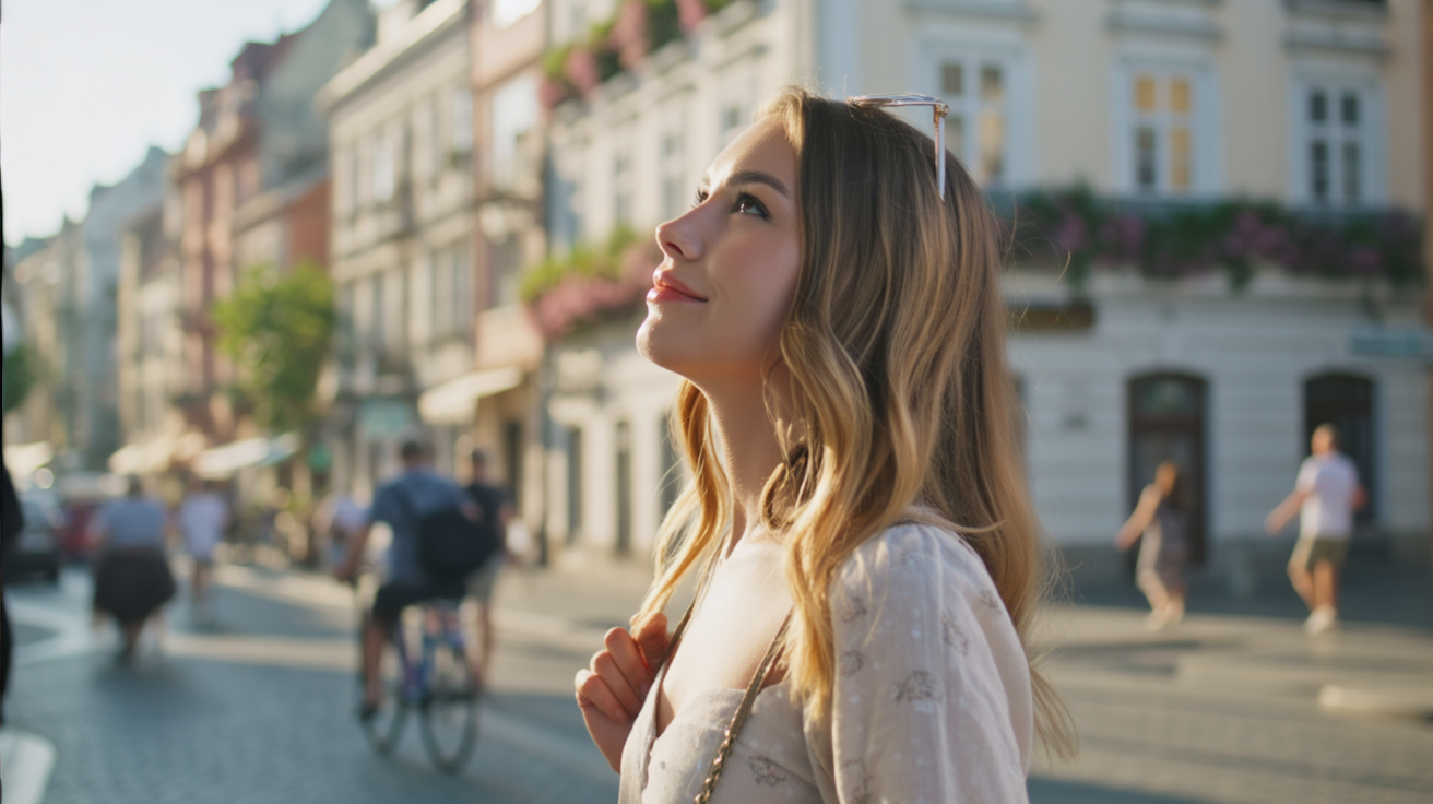 A sunny afternoon on a European city street lined with elegant old buildings, their balconies filled with flowers and shutters open to the breeze. A young woman walks casually along the cobblestone path, her pace unhurried, head tilted upward as she admires the architecture. She wears a light summer dress with sandals, a crossbody bag resting at her hip, and a pair of sunglasses pushed up in her hair. Around her, locals stroll slowly, cyclists pass by, and the hum of cafés drifts into the street. The atmosphere is relaxed, dreamy, and observational — savoring the beauty of simply wandering and looking