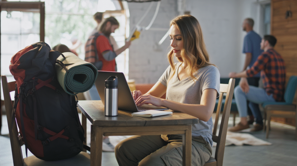 At a rustic hostel common area, a young woman sits at a wooden table with her laptop open, working intently. Beside her is a large, worn backpack leaned against the chair, with a rolled-up sleeping bag strapped to it. The table is cluttered with essentials — a power bank charging her phone, a reusable water bottle, and a small notebook filled with notes. Around her, other travelers chat, play cards, and lounge in hammocks, but she stays focused on her work. The atmosphere is raw, practical, and resilient — showing how freelancing adapts to life on the move.