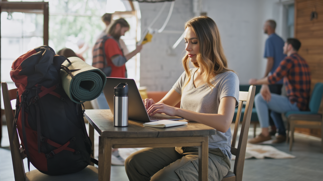 At a rustic hostel common area, a young woman sits at a wooden table with her laptop open, working intently. Beside her is a large, worn backpack leaned against the chair, with a rolled-up sleeping bag strapped to it. The table is cluttered with essentials — a power bank charging her phone, a reusable water bottle, and a small notebook filled with notes. Around her, other travelers chat, play cards, and lounge in hammocks, but she stays focused on her work. The atmosphere is raw, practical, and resilient — showing how freelancing adapts to life on the move.