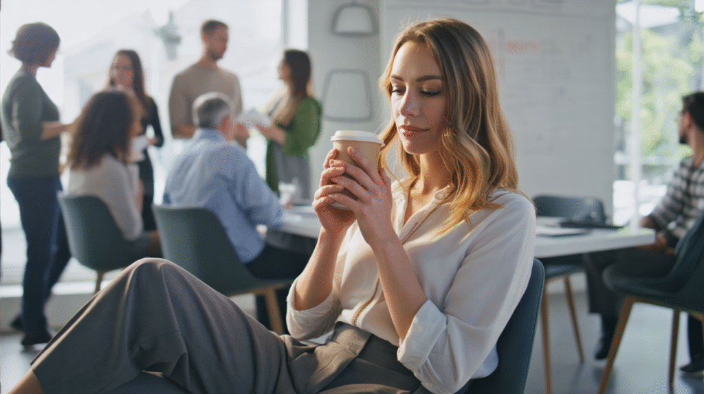 A modern coworking space filled with small groups of people chatting and working together. In the middle, a young woman sits slightly apart at a table with her laptop open, glancing over at the groups while hesitating to join. She wears casual professional clothes — a blouse and trousers — her hands resting nervously on her coffee cup. Around her, others network easily, exchanging business cards and laughing, while she remains quiet and unsure. The atmosphere is dynamic yet isolating — capturing the challenge of networking in a remote-work setting.