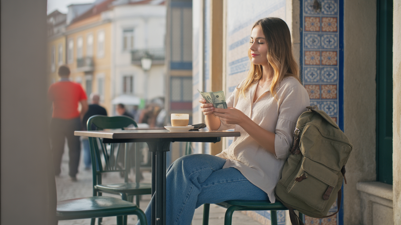 A candid photograph captures a young woman seated at a small café table in Portugal, surrounded by the vibrant, tiled walls of a traditional Portuguese café. She is dressed in casual travel clothes, featuring a loose-fitting linen blouse and well-worn jeans, with a weathered canvas backpack leaning casually against the chair. Sunlight streams through the window, gently illuminating her face as she thoughtfully opens her wallet, revealing glimpses of currency inside, while a half-finished cup of coffee rests on the table beside her. The background subtly reveals blurred figures of other travelers, enveloped in the soft background chatter and the warm, inviting ambiance of the café.
