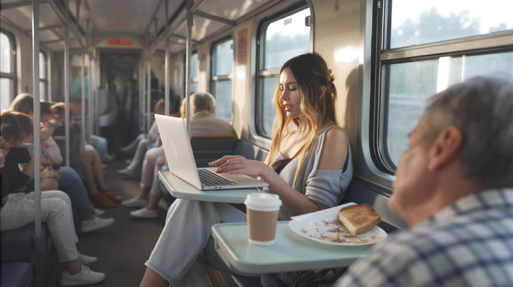 Inside a crowded second-class train carriage, a young woman sits by the window, her laptop open awkwardly on the fold-down tray. The space is tight, her knees almost touching the seat in front, while passengers squeeze past in the narrow aisle. A child cries a few rows away, and an older man snores loudly nearby. She wears simple travel clothes, hair pulled back messily, with a half-eaten sandwich and coffee balanced beside her laptop. Her expression is weary and a little frustrated as she tries to focus, the reality of long train journeys showing through. The atmosphere is cramped, noisy, and unpolished — the hidden struggle behind the romance of train travel.