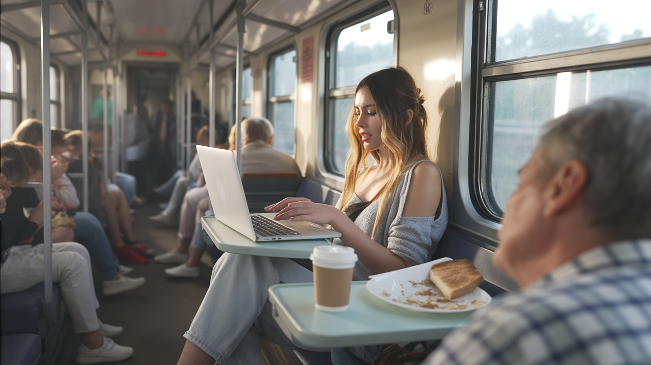 Inside a crowded second-class train carriage, a young woman sits by the window, her laptop open awkwardly on the fold-down tray. The space is tight, her knees almost touching the seat in front, while passengers squeeze past in the narrow aisle. A child cries a few rows away, and an older man snores loudly nearby. She wears simple travel clothes, hair pulled back messily, with a half-eaten sandwich and coffee balanced beside her laptop. Her expression is weary and a little frustrated as she tries to focus, the reality of long train journeys showing through. The atmosphere is cramped, noisy, and unpolished — the hidden struggle behind the romance of train travel.