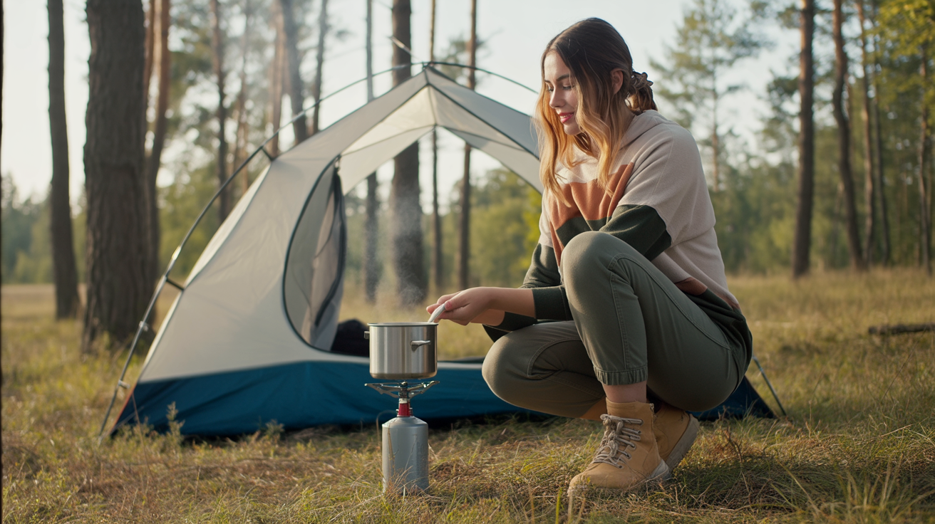 in the middle of a quiet forest clearing, a young woman kneels by a small camping stove, cooking a simple meal. Beside her is a pitched tent with its flap open, a sleeping bag peeking out. She wears cozy outdoor clothing — a fleece jacket and leggings — her hair tied back casually. Around her, tall pine trees rise toward the sky, sunlight streaming softly through the branches. A pot steams gently on the stove as she stirs with focus and calm. The atmosphere is grounded, warm, and intentional — belonging found in the simplicity of the present moment.