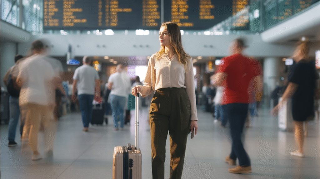 A busy international airport filled with movement — travelers rushing past with rolling carry-ons, announcements echoing through the hall. In the middle of the terminal, a young woman stands still, head tilted upward as she calmly studies the glowing departures board above her. She wears smart yet comfortable travel clothes — tailored trousers, a light blouse, and a sleek carry-on by her side. While the crowd around her blurs in motion, she remains centered and composed, radiating quiet confidence. The scene feels symbolic: her success is not in rushing, but in choosing her own direction.
