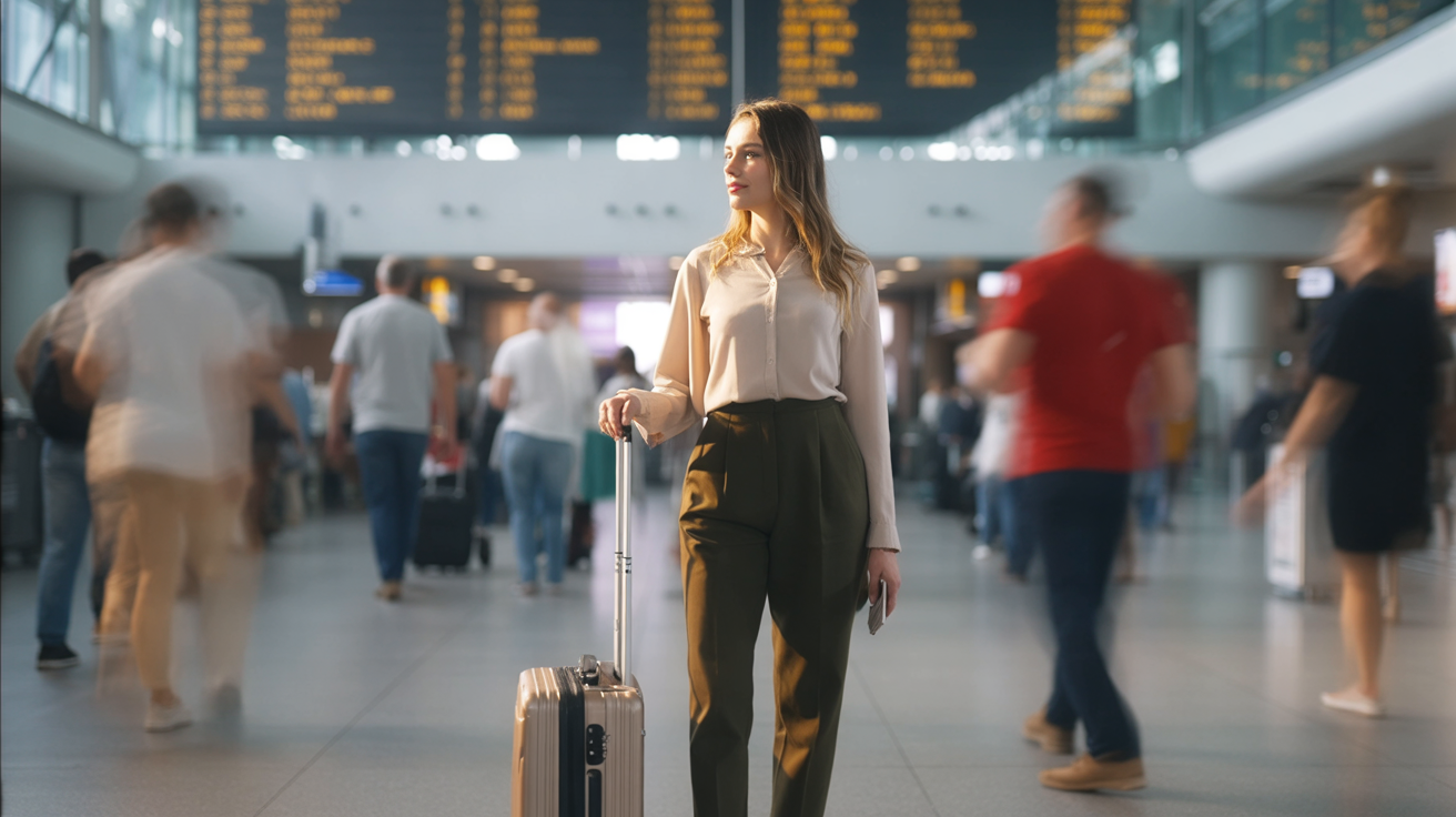 A busy international airport filled with movement — travelers rushing past with rolling carry-ons, announcements echoing through the hall. In the middle of the terminal, a young woman stands still, head tilted upward as she calmly studies the glowing departures board above her. She wears smart yet comfortable travel clothes — tailored trousers, a light blouse, and a sleek carry-on by her side. While the crowd around her blurs in motion, she remains centered and composed, radiating quiet confidence. The scene feels symbolic: her success is not in rushing, but in choosing her own direction.