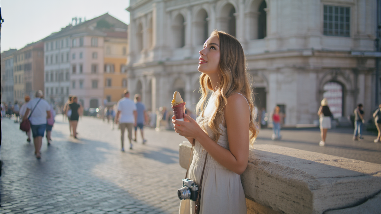 A golden afternoon in Rome, with the Colosseum rising majestically in the background. A young woman stands at the edge of the ancient cobblestone street, gazing up in awe. She wears a light summer dress, sandals, and carries a small crossbody bag, her hair catching the warm light. In one hand she holds a gelato, in the other a travel camera slung loosely at her side. Around her, tourists bustle past, but she seems lost in the magic of the moment. The mood is romantic, timeless, and full of wonder — the feeling of falling in love with a city.