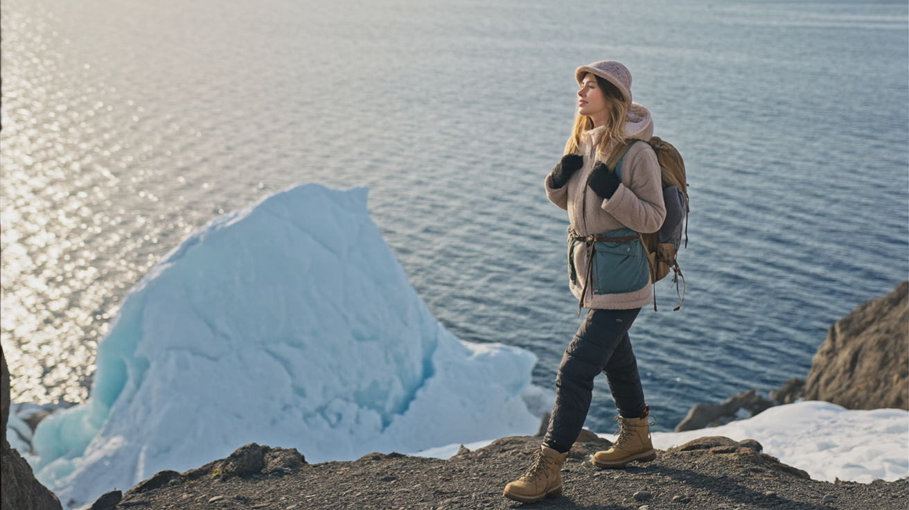 On a rugged cliffside in the Arctic, a young woman stands at the edge, gazing out over a vast sea dotted with floating icebergs. She wears layered hiking gear — a thermal jacket, waterproof pants, boots, and gloves — her backpack resting on the ground beside her. The icy wind ruffles her hair as she squints into the distance, the crisp blue water shimmering under the pale northern light. Her posture is strong yet contemplative, capturing the awe and vulnerability of being in such a raw, unforgiving landscape. The atmosphere is majestic and humbling — the beauty and challenge of exploring natural wonders as a nomad.