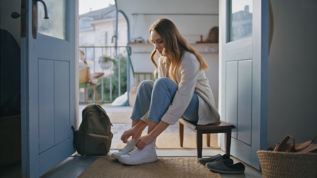 A bright entryway of a cozy apartment abroad, morning light spilling in through the open door. A young woman sits on a small wooden bench, leaning forward as she ties the laces of her white sneakers. She wears casual travel clothes — jeans and a light jacket — with a small backpack resting upright beside her, ready for the day. The floor shows a woven rug and a pair of sandals left neatly to the side. Her posture is focused but calm, capturing the simple moment of preparation before stepping out into the world.
