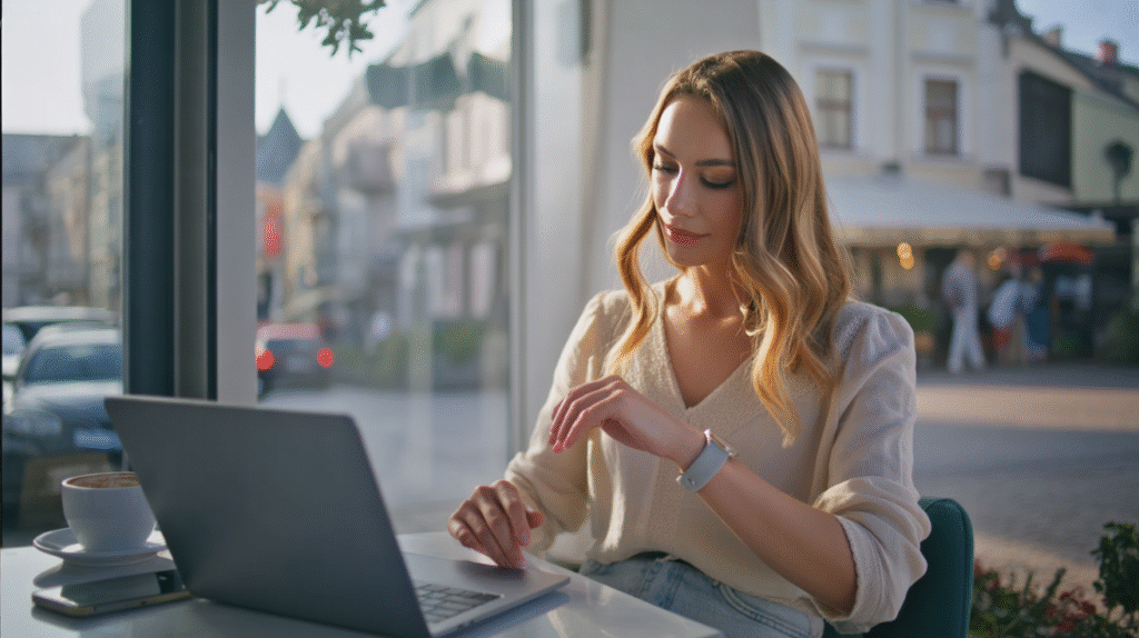 A young woman sits at a small table in a cozy café, her laptop open in front of her with a coffee cup beside it. She checks her wrist watch, her posture slightly tense as if checking the time before her next commitment. She wears casual travel clothes — a light blouse and jeans — her small backpack resting against the chair. Around her, the café hums softly with other customers chatting and typing, sunlight filtering in through large windows. The mood is focused and relatable — the rhythm of balancing work and time on the road.
