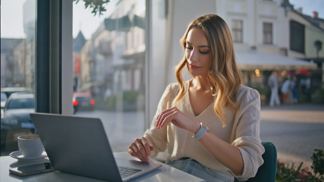 A young woman sits at a small table in a cozy café, her laptop open in front of her with a coffee cup beside it. She checks her wrist watch, her posture slightly tense as if checking the time before her next commitment. She wears casual travel clothes — a light blouse and jeans — her small backpack resting against the chair. Around her, the café hums softly with other customers chatting and typing, sunlight filtering in through large windows. The mood is focused and relatable — the rhythm of balancing work and time on the road.