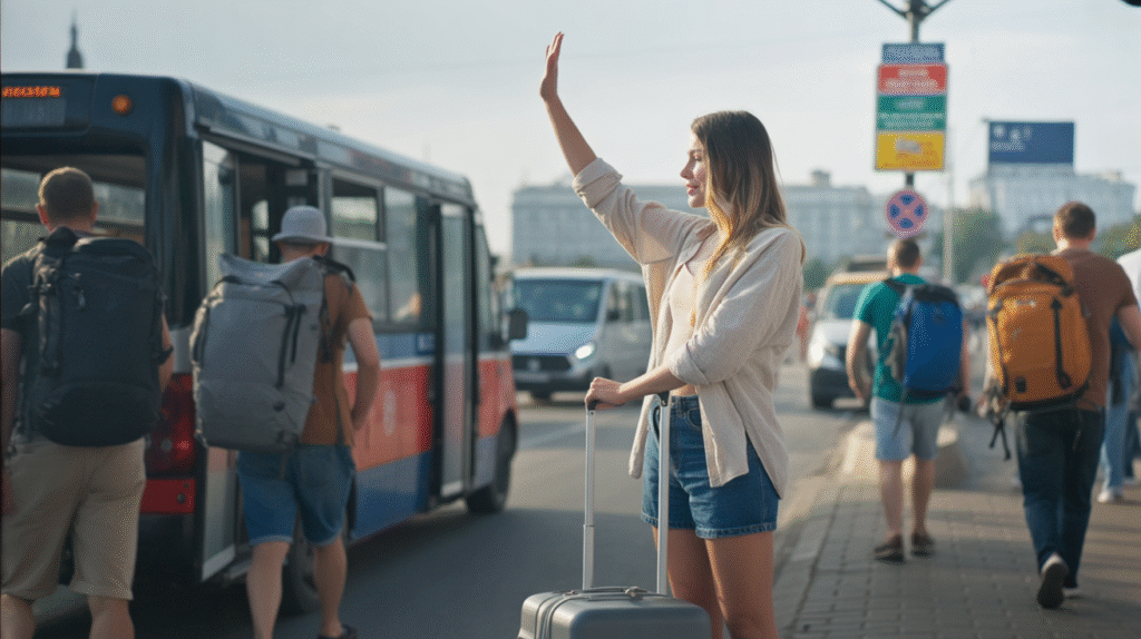 A young woman stands near her luggage near a bus stop, casual in shorts and a loose shirt. She shakes raises her hand in rejection to the bus, her expression confident and unapologetic. Around her, the scene is buzzing with movement—backpackers, colorful signs, and buses pulling away—but she holds her ground. The moment captures the power of saying no while living nomadically. She's not smiling, just firmly rejecting.
