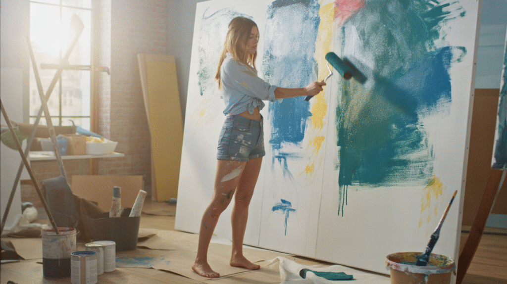 A sunlit studio space with unfinished walls and open windows. A young woman with a ponytail stands barefoot on the floor, paint roller in hand, adding bold strokes of color to a plain white wall. She wears casual clothes spattered with paint — denim shorts and a loose shirt tied at the waist. Around her are open paint cans, brushes, and a half-finished mural that reflects her own creativity. The room is messy but alive with energy; she’s shaping her space her way, not by convention. The atmosphere is vibrant, raw, and empowering — success defined through self-expression.