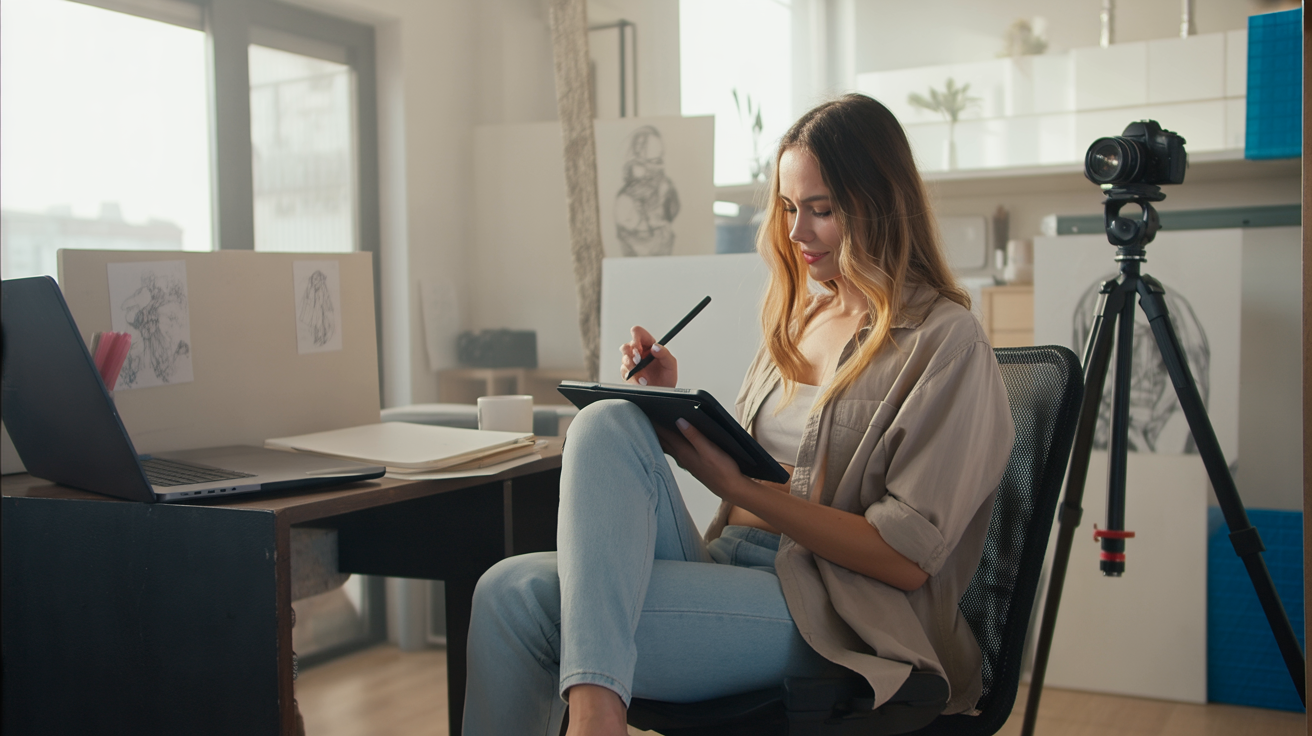 A candid photograph captures a young woman seated at a cozy workspace within a small studio apartment, deeply engrossed in digital drawing using a stylus on a tablet. She wears an oversized, comfortable shirt and leggings, her posture slightly forward in concentration, with a pair of noise-cancelling headphones resting nearby. The workspace is adorned with essential creative tools: a laptop open beside her, a sketchbook filled with rough ideas, and a DSLR camera on a tripod in the corner, all bathed in warm, natural light streaming through the window. The atmosphere exudes a creative and inspiring ambiance, showcasing the tools essential for remote creative work.