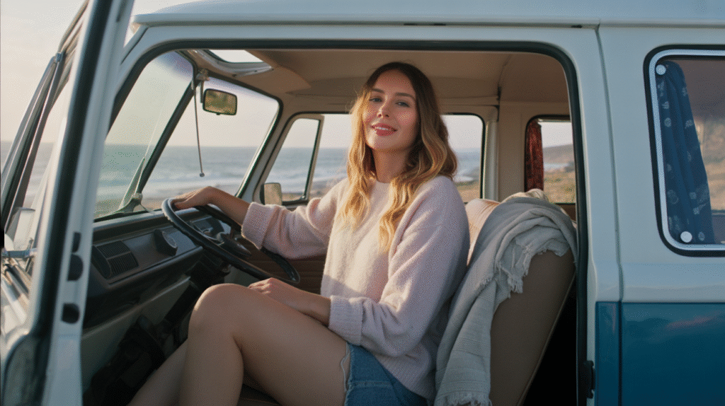 A vintage VW camper van drives along a winding coastal road at golden hour, cliffs and ocean stretching endlessly in the distance. Inside, seen from the passenger seat, a young woman sits with the window rolled down, the breeze playing with her hair. She wears a soft oversized sweater and denim shorts, one hand resting on the open window frame. Her expression is thoughtful, a mix of nerves and calm determination, yet the freedom of the open road brings a quiet smile to her face. Around her, the van feels cozy and lived-in — a blanket tossed over the back seat, a backpack leaning against the wall. The atmosphere is emotional, intimate, and real: traveling with anxiety, but still choosing love for the journey.