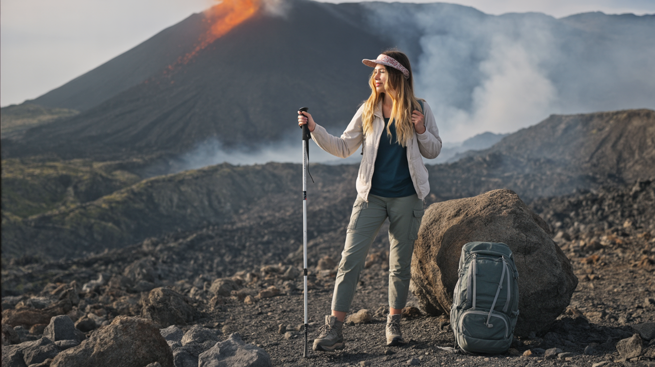 In the middle of a snowy wilderness, a young woman sits at the opening of her tent, gazing up at the night sky painted with glowing green and purple northern lights. She’s bundled in a thick parka, wool hat, and gloves, a blanket wrapped around her shoulders for warmth. Inside the tent, a lantern casts a soft golden glow, illuminating her backpack and a steaming mug set beside her. Beyond the tent flap, the snowy ground sparkles under the aurora, the vast silence of the Arctic stretching endlessly around her. The mood is magical, humbling, and otherworldly — the wonder and solitude of experiencing nature’s raw beauty.