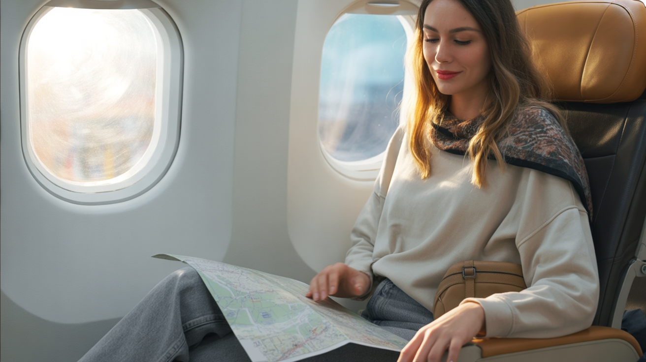 A young female digital nomad seated by the airplane window, checking a folded map on her lap. Soft morning light filters through the window, illuminating her thoughtful face. She wears comfortable yet stylish travel clothes, with a scarf and small backpack tucked under the seat. Outside the window: dreamy cloudscape and soft golden light. The atmosphere feels calm, inspired, and safe — capturing the blend of adventure, style, and connection.