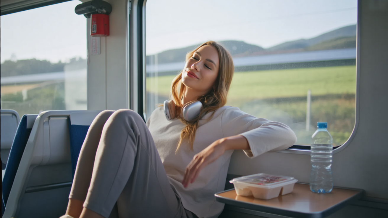 A candid photograph captures a young woman seated by a large window inside a sleek Shinkansen bullet train in Japan. She wears a comfortable light sweater and leggings, leaning back into the plush seat with her eyes closed, a picture of serene relaxation as the vibrant green fields and distant mountains rush past outside. Headphones rest gently around her neck, and a neatly arranged bento box and bottle of water sit on the tray table, suggesting a thoughtful approach to travel and well-being. Soft, natural lighting filters through the window, casting a gentle glow on the scene and highlighting the clean, modern atmosphere of the train interior.