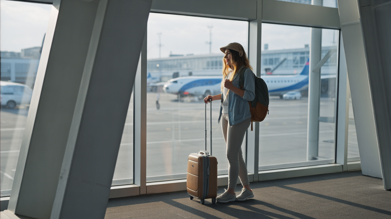 A bright morning inside an airport terminal, sunlight streaming through massive glass windows that overlook the runway where airplanes wait outside. In the foreground, a woman stands in line at the departure gate, backpack over one shoulder and a small carry-on suitcase beside her. She wears comfortable travel clothes — a light jacket, leggings, and sneakers.. Her expression is a mix of excitement and calm determination as she takes her first steps into a new journey. Around her, other travelers queue quietly, but the focus is on her anticipation of the unknown ahead. The mood is cinematic, fresh, and full of possibility.