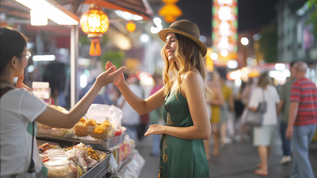 A bustling night market filled with colorful stalls, glowing lanterns, and sizzling street food. A vendor leans forward enthusiastically offering her more food, but the woman raises one hand politely in refusal. Around her, the market glows with energy, but she radiates quiet self-assurance. The mood is vibrant yet centered — saying no as an act of self-love.