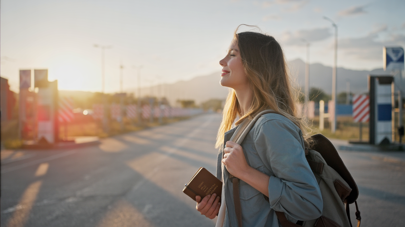 Silhouette of a young female digital nomad standing at a border crossing during sunset. She wears a light travel jacket and carries a well-worn backpack, with a small leather journal tucked under one arm. Her hair catches the golden light, glowing softly in the breeze. In front of her: a quiet border checkpoint with faded road signs, striped barriers, and a line of distant mountains beyond. The scene is painted in warm amber and dusky pink skies, with long shadows stretching across the asphalt. The atmosphere is contemplative yet free — capturing the uncertainty, beauty, and resilience of life on the move.