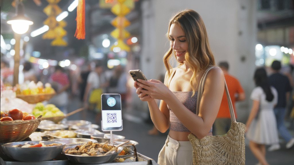 A vibrant night market in Southeast Asia, glowing with lanterns and food stalls sizzling with steam and color. At one stall, a young woman holds her phone in front of a small QR code display, the screen glowing as she completes a crypto payment. She wears light travel clothes — a sleeveless top and loose linen trousers — with a woven bag slung over her shoulder. The vendor smiles from behind the stall, surrounded by baskets of fresh produce and trays of sizzling street food. Around them, the crowd buzzes with life — tourists and locals moving through the narrow lanes under the warm glow of hanging lights. The atmosphere is dynamic, modern, and global — crypto connecting cultures in everyday life.