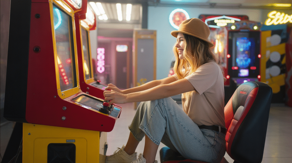 A candid photograph of a young woman captivated by the vibrant energy of a neon-lit arcade. She sits at a retro game machine, her hands deftly manipulating the controls, dressed in casual nomad attire—worn jeans, sneakers, and a loose-fitting t-shirt. The machine's screen casts an intense glow on her face, highlighting her focus and determination amidst the flashing lights and the hum of surrounding arcade games. A playful atmosphere fills the space, suggesting that staying motivated feels like conquering a challenging but rewarding game.