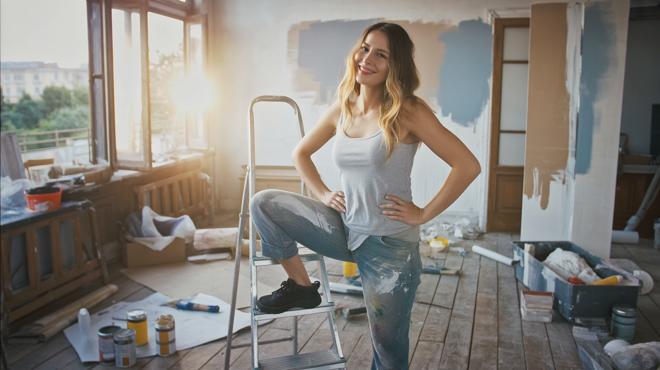 A candid photograph of a young woman confidently standing on a small ladder in a sunlit room undergoing renovation. She wears casual work clothes – a light gray tank top and faded blue jeans, both marked with artistic splatters of paint—with her long, wavy blonde hair loosely tied up, revealing her defined cheekbones and a warm smile. Around her, the room is in a state of creative chaos, featuring paint cans, brushes, and tools scattered across a worn wooden floor, with an open window flooding the space with golden light and showcasing bare walls awaiting transformation. The scene is bathed in warm, diffused sunlight, highlighting the feeling of hopeful creation and empowering self-expression.