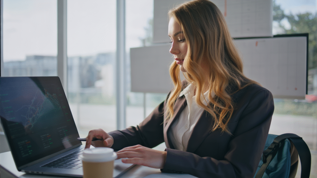 A modern coworking space abroad, with tall windows and sunlight spilling across the room. A young woman sits at a desk with her laptop open, analyzing a large graphic chart displayed on the screen. She leans forward with focus, one hand on the trackpad and the other holding a pen over her notebook filled with notes. Around her, other digital nomads work quietly, but her posture and concentration show she’s deep into her company’s growth data. A coffee cup rests beside her laptop, and her backpack leans against the chair, reminding of her traveler’s lifestyle. The atmosphere is professional yet nomadic — blending business ambition with life on the road.