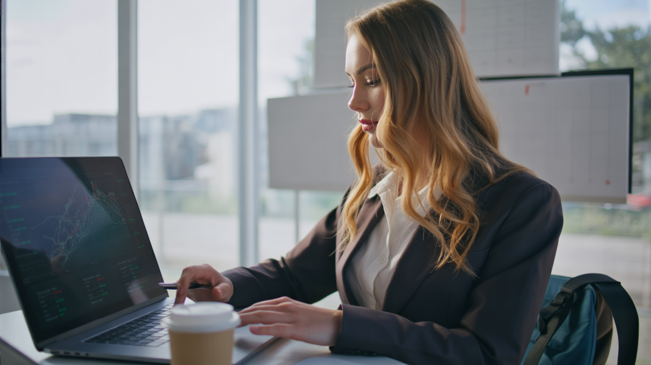 A modern coworking space abroad, with tall windows and sunlight spilling across the room. A young woman sits at a desk with her laptop open, analyzing a large graphic chart displayed on the screen. She leans forward with focus, one hand on the trackpad and the other holding a pen over her notebook filled with notes. Around her, other digital nomads work quietly, but her posture and concentration show she’s deep into her company’s growth data. A coffee cup rests beside her laptop, and her backpack leans against the chair, reminding of her traveler’s lifestyle. The atmosphere is professional yet nomadic — blending business ambition with life on the road.